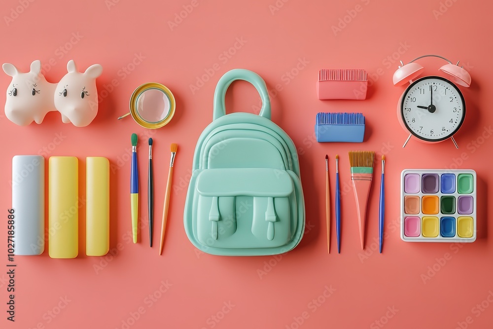 Set of school icons, paintbrush and pencil with color palette, magnifying glass for several books in the backpack, alarm clock on white background Set of school icons, paintbrush and pencil with color palette, magnifying glass for several books in the backpack, alarm clock on white background