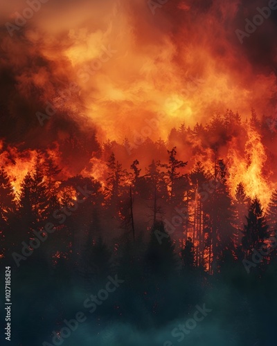 Raging Wildfire Engulfing Forest with Dramatic Smoke Filled Sky Representing Nature s Uncontrollable Forces photo