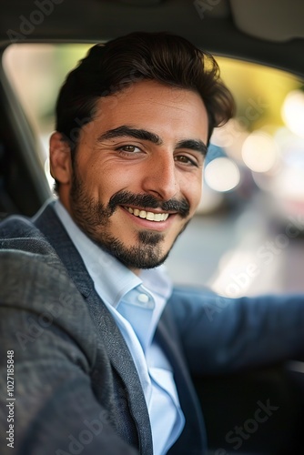 A Portrait of an handsome smiling business man driving