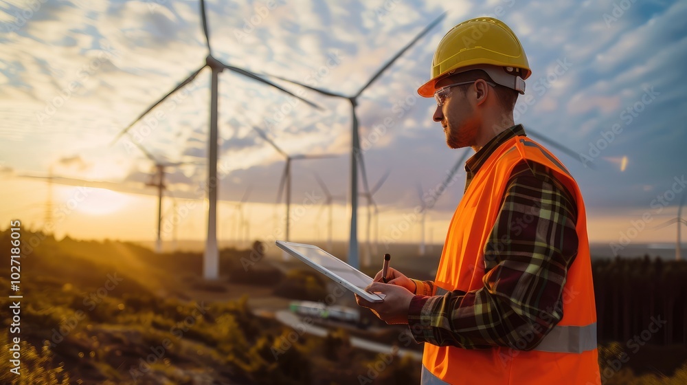Wind Energy Engineer at Work on Wind Farm Wind Energy Engineer at Work on Wind Farm