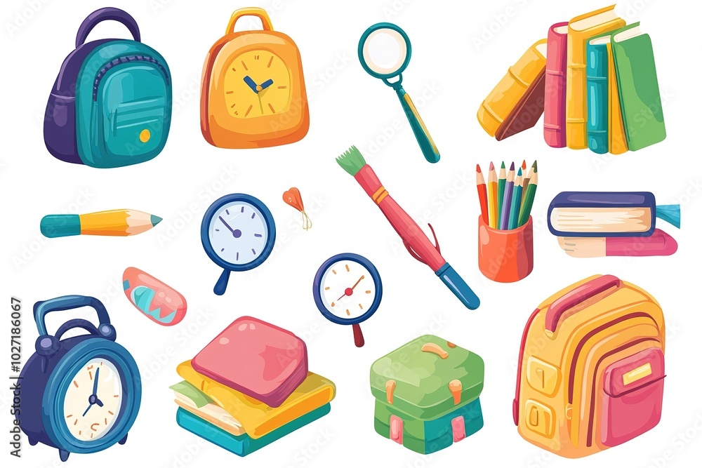 Set of school icons, paintbrush and pencil with color palette, magnifying glass for several books in the backpack, alarm clock on white background Set of school icons, paintbrush and pencil with color palette, magnifying glass for several books in the backpack, alarm clock on white background