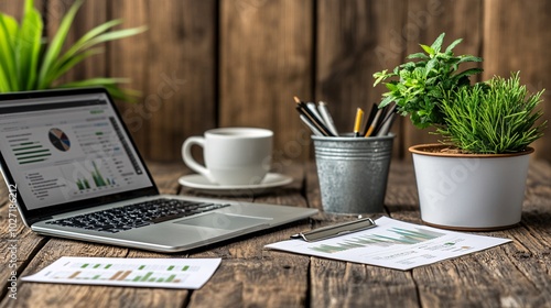 Workstation with a laptop showing financial trends, printed reports and graphs laid out on the desk for comprehensive analysis Stock Photo with side copy space photo