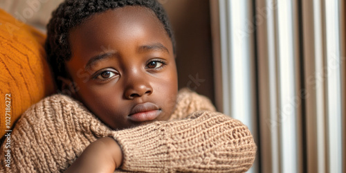 Sad african A child in a knitted sweater leans against a radiator, looking thoughtful and warm, facing heating challenges.