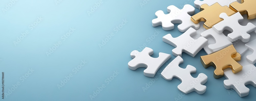 Obraz premium Pile Of White And Gold Puzzle Pieces On Blue Background
