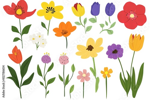 Wallpaper Mural Set of simple colorful spring flowers illustration on a white background, in a flat design style Torontodigital.ca