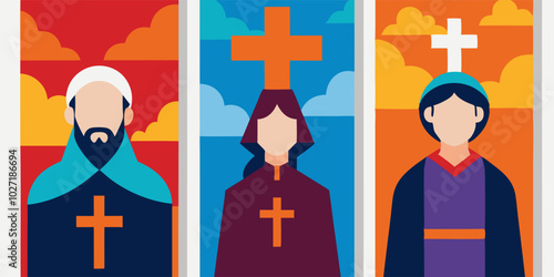 Abstract minimalist posters featuring saints with bold colors and geometric patterns