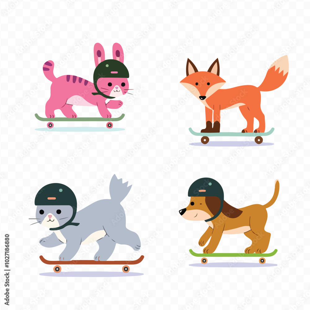 Fototapeta premium A collection of cartoon animals on a skateboard with a cartoon rabbit pig panda dog zebra fox cat bunny fox bear kangaroo penguin giraffe