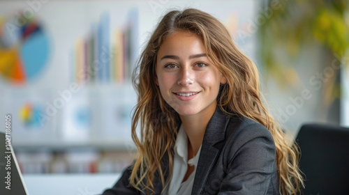 smiling young professional brunette business woman wearing suit sitting near laptop looking forward in bright and high tech office with charts and graphs behind her