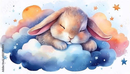 Children's watercolor poster featuring a sleeping bunny on a cloud, perfect for a lullaby theme, bringing a sense of calm and sweetness to any nursery or children's room photo