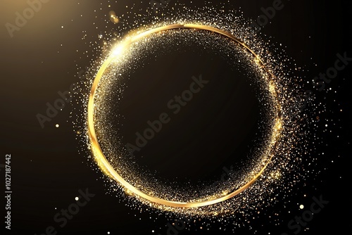 A golden, ring-shaped frame on the left side of an empty black background, with glitter and sparkle effects, creates a luxurious atmosphere