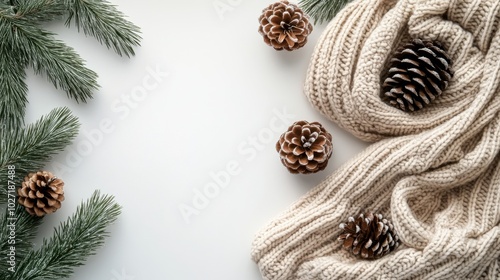 Wintery Arrangement of Pine Branches, Pinecones, and Knitted Fabric photo