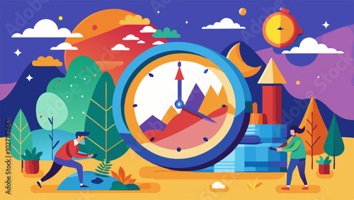 Daylight saving time ends art adventure: vibrant illustration with clocks and nature scenes