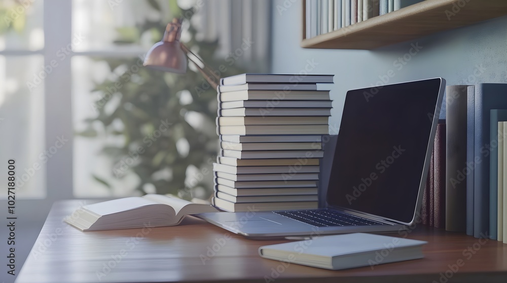 Neatly arranged stack of books on a desk beside an open laptop, symbolizing the concept of e-learning and digital education. Neatly arranged stack of books on a desk beside an open laptop, symbolizing the concept of e-learning and digital education.