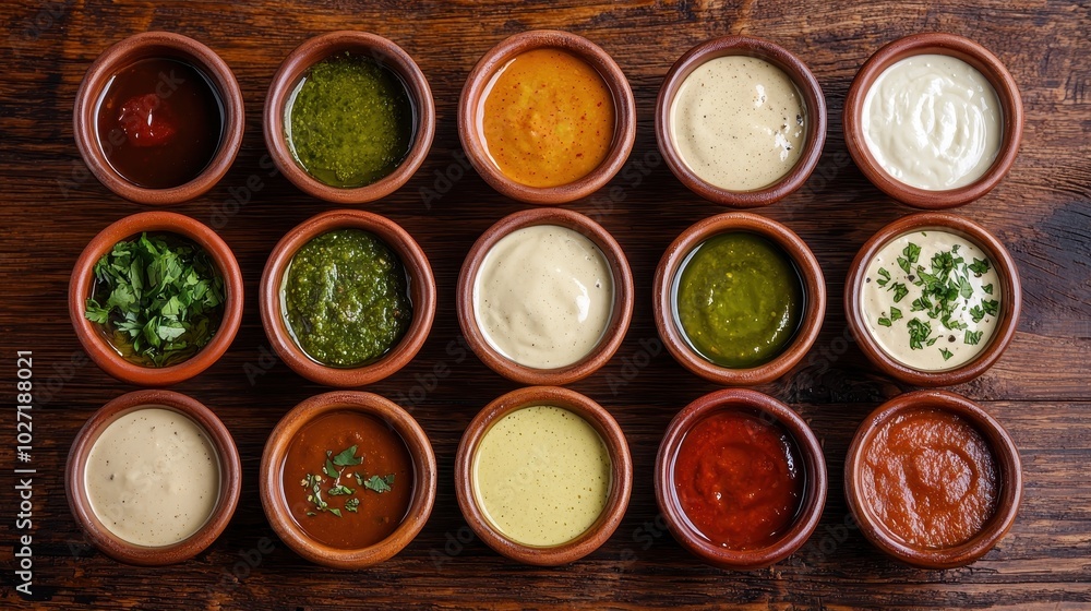 Selection of vibrant sauces in clay bowls on a wooden surface, perfect for culinary use. Selection of vibrant sauces in clay bowls on a wooden surface, perfect for culinary use.