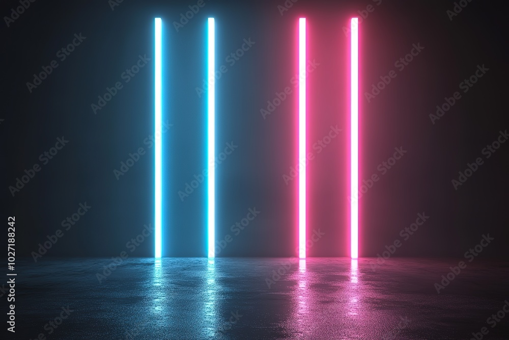 neon light blue and pink vertical bars on the left side of an empty dark background. High quality neon light blue and pink vertical bars on the left side of an empty dark background. High quality