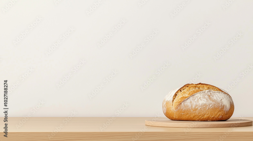 Rustic loaf of bread on a wooden board against a minimalist background Rustic loaf of bread on a wooden board against a minimalist background