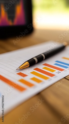 Financial analysis of insurance policies, with printed graphs and a digital screen showing real-time data side by side Stock Photo with side copy space