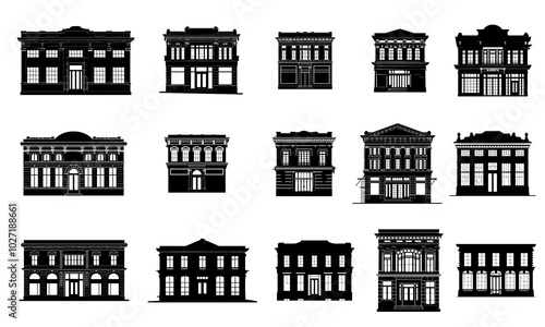 Elegant Black and White Townhouse Silhouettes | Classic Architectural Design for Urban and Residential Projects
