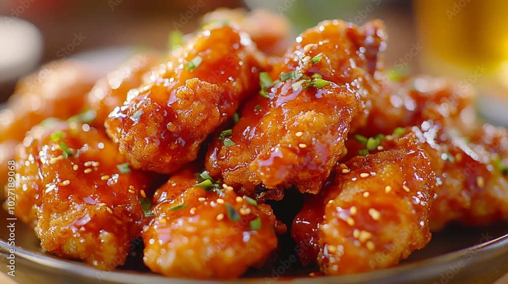 Close-up of Crispy Chicken Bites Covered in Sweet and Savory Glaze Close-up of Crispy Chicken Bites Covered in Sweet and Savory Glaze