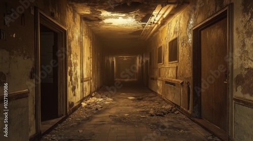 A long, dark hallway in an abandoned building with peeling paint and a dusty floor.