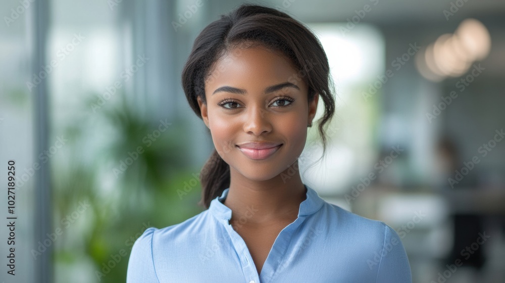 Young woman smiling confidently in professional office setting, wearing a blue blouse, career success, corporate environment, modern business, leadership and growth Young woman smiling confidently in professional office setting, wearing a blue blouse, career success, corporate environment, modern business, leadership and growth