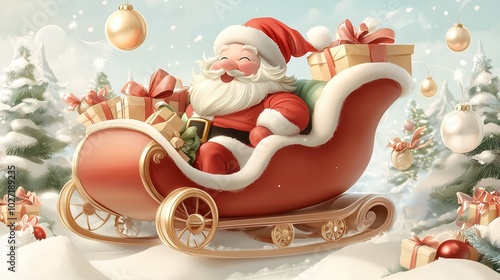 Jolly Santa Claus in Sleigh with Christmas Gifts