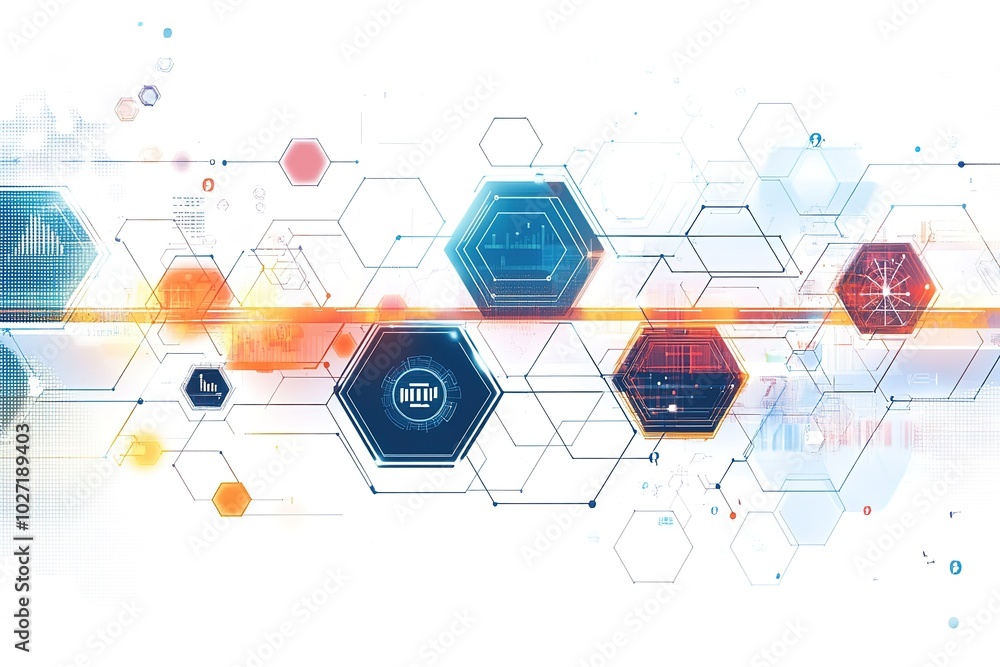 Abstract technology background with hexagons and lines, in a white color vector illustration with a flat design and colorful icons for tech innovation and digital marketing Abstract technology background with hexagons and lines, in a white color vector illustration with a flat design and colorful icons for tech innovation and digital marketing