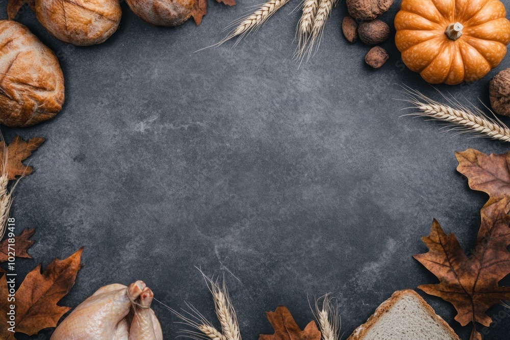 Autumn background with bread pumpkin wheat and raw chicken on slate tablecloth creating copy space frame Autumn background with bread pumpkin wheat and raw chicken on slate tablecloth creating copy space frame
