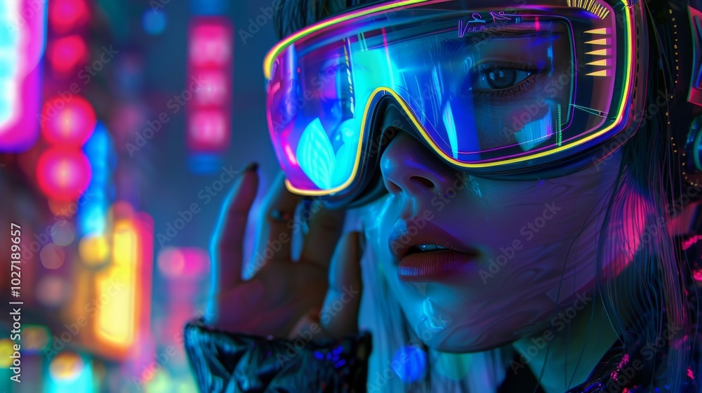 Cyborg woman with futuristic helmet and glowing neon lights. Cyborg woman with futuristic helmet and glowing neon lights.