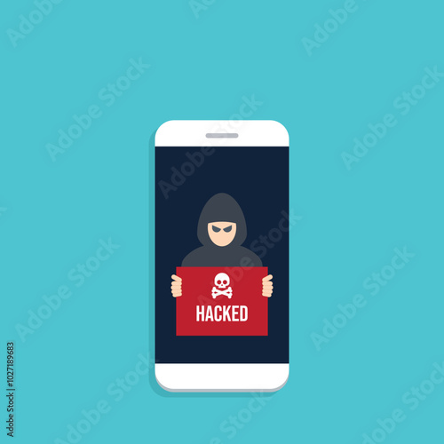 Hacker with hacked notification, malware notification on mobile phone. Smartphone with hacker alert, spam data on cellphone fraud error message, scam, virus.	