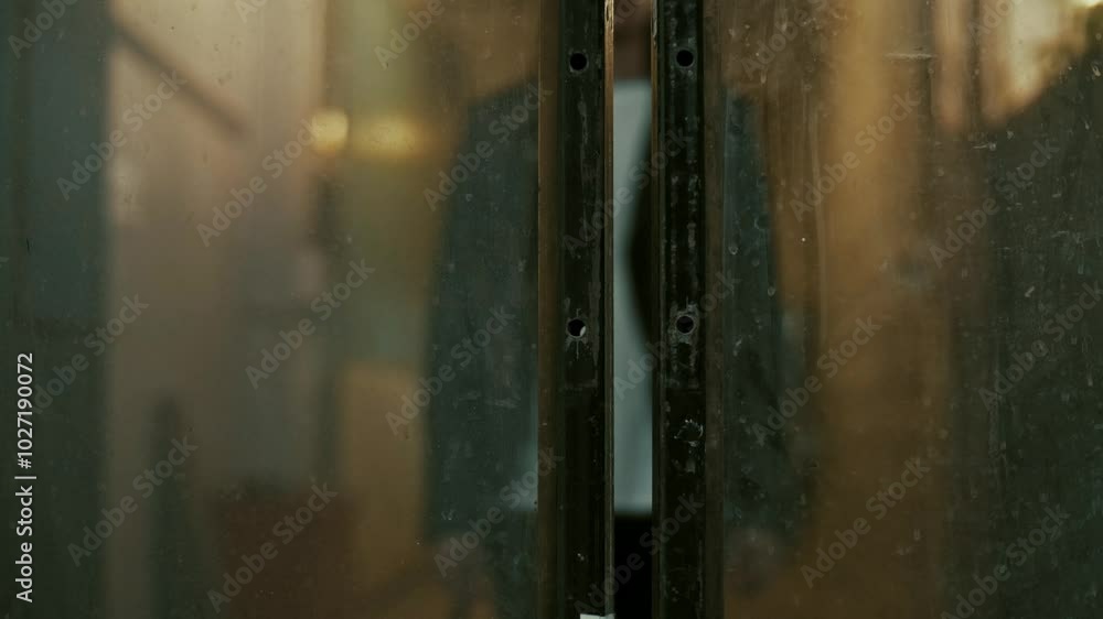 Passing through glass interior doors by a young man. Close-up Passing through glass interior doors by a young man. Close-up