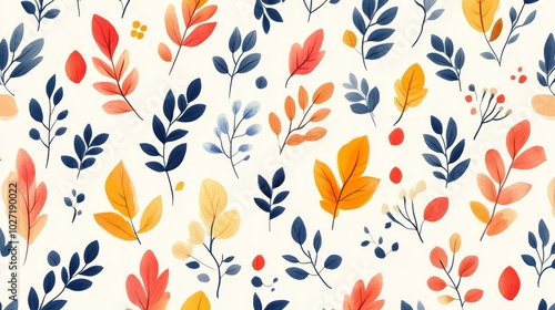 Watercolor Seamless Pattern of Blue, Orange, and Red Leaves on a White Background