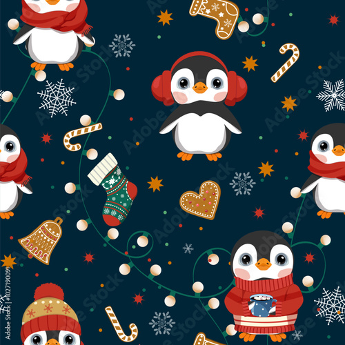 Seamless Pattern with cute cartoon Christmas penguins and Christmas gingerbread on a dark background. For decoration textile, packaging.