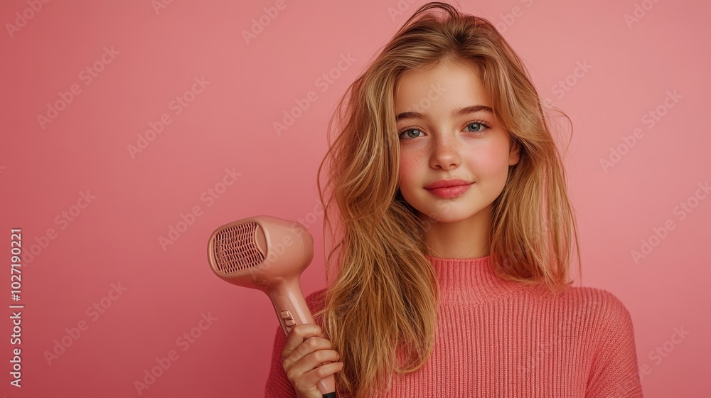 Blonde girl holding pink hairdryer against soft pink background, beauty and fashion concept, young and trendy portrait, playful haircare, modern feminine style, personal grooming Blonde girl holding pink hairdryer against soft pink background, beauty and fashion concept, young and trendy portrait, playful haircare, modern feminine style, personal grooming