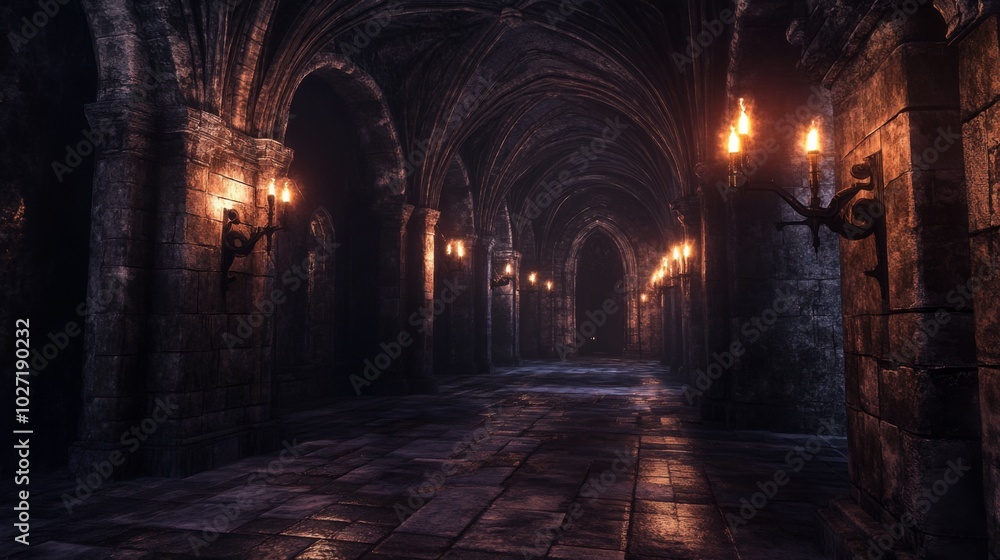 A long, dark, and eerie hallway with stone walls and flickering candles. A long, dark, and eerie hallway with stone walls and flickering candles.