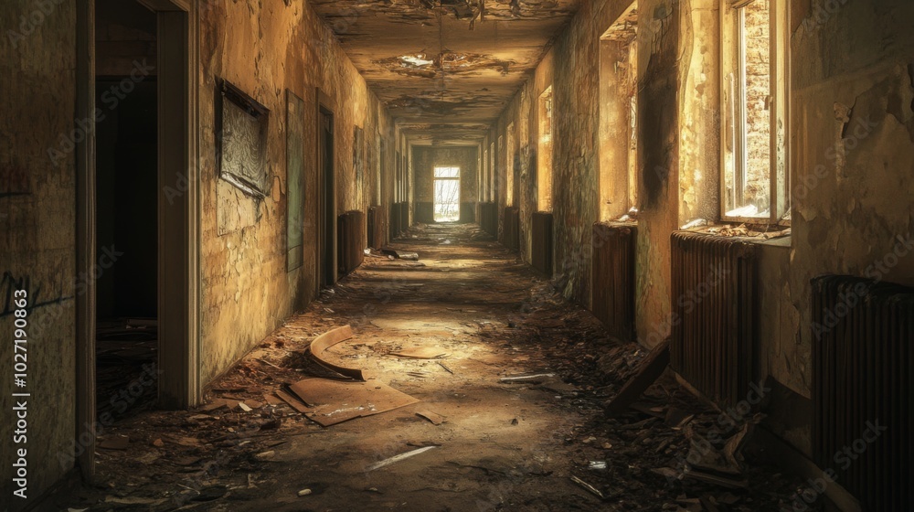 A long, dusty hallway in an abandoned building. Light streams in through the broken windows, illuminating the debris on the floor. A long, dusty hallway in an abandoned building. Light streams in through the broken windows, illuminating the debris on the floor.