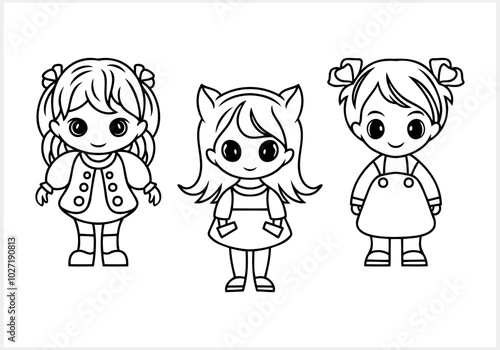 Cute Anime girl isolated. Manga style. coloring book page. Hand drawn vector illustration