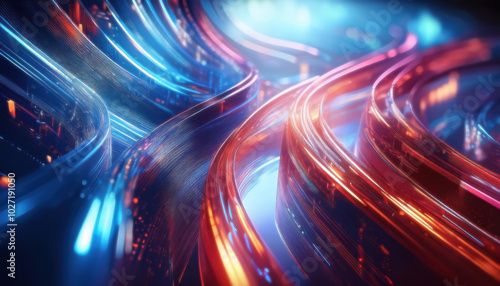 Abstract blue and red glass large lines on a light background; 3D