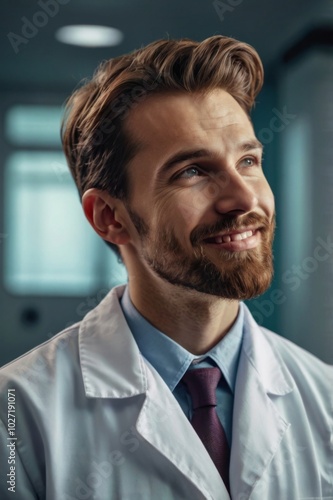 Smiling dreamy pensive young male caucasian doctor in white medical uniform look in distance. Medical worker thinking or pondering, planning future career or success in medicine scratching beard