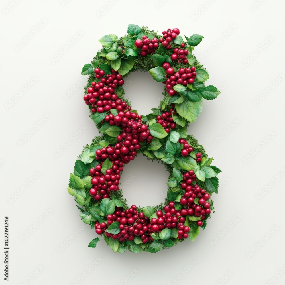 3D number 8 with berries texture realistic modern design, soft lighting, white background 3D number 8 with berries texture realistic modern design, soft lighting, white background