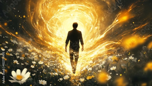 A man walks towards a bright, swirling portal in a field of daisies.