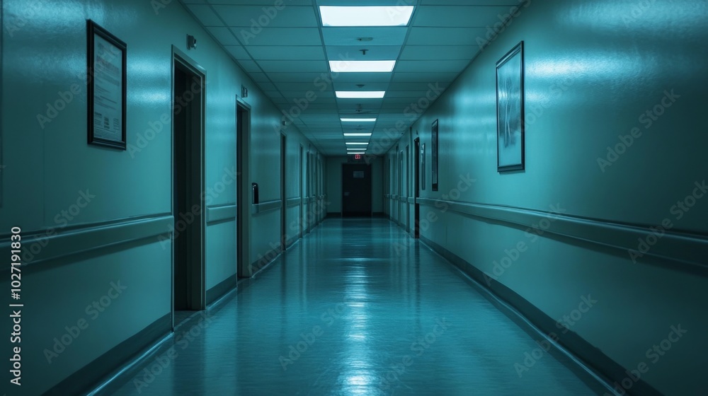 A long, empty hallway in a modern building with fluorescent lights overhead. A long, empty hallway in a modern building with fluorescent lights overhead.