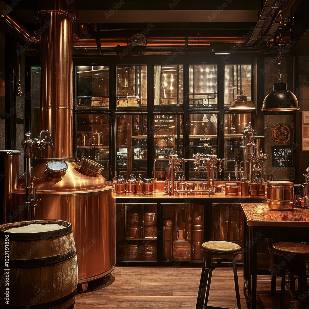 Craft beer room, copper brewing equipment, barrels neatly arranged, warm light glow Craft beer room, copper brewing equipment, barrels neatly arranged, warm light glow