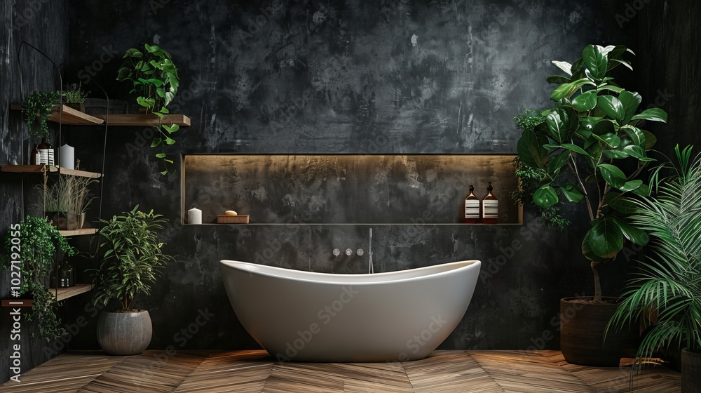Interior of modern bathroom with black walls, wooden floor, comfortable white bathtub and green plants. Interior of modern bathroom with black walls, wooden floor, comfortable white bathtub and green plants.