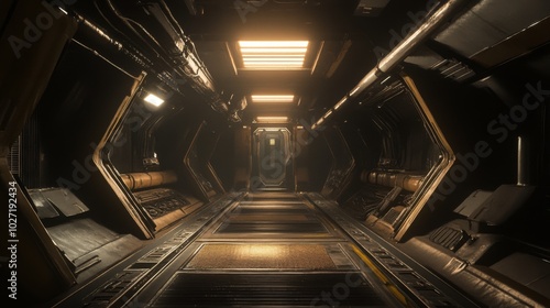 Fototapeta Naklejka Na Ścianę i Meble -  A long, narrow corridor inside a spaceship, lit by overhead lights, with a futuristic design.