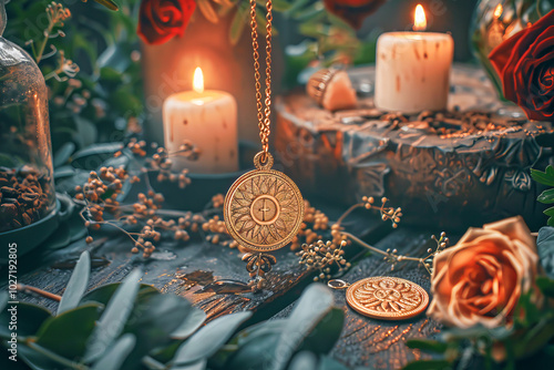 Golden sun amulet necklace on an altar with candles for yule winter solstice ritual photo