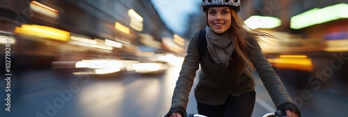 A woman rides her bike amidst city lights, smiling with joy and energy, embodying independence, freedom, and the urban vibrancy of a bustling metropolis at night. photo