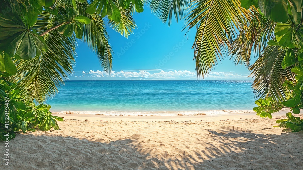 Tropical beach view framed by palm leaves
