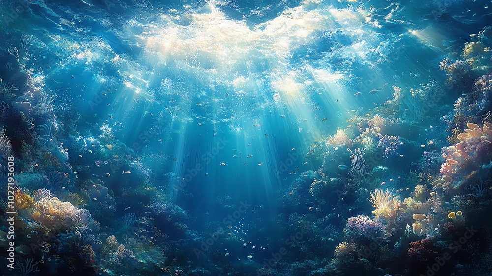 Fototapeta premium Underwater scene with beams of sunlight