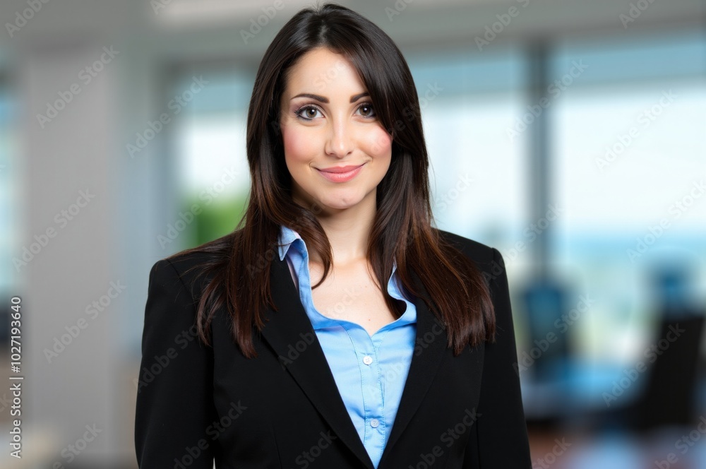 Businesswoman smiling in office building hallway Businesswoman smiling in office building hallway